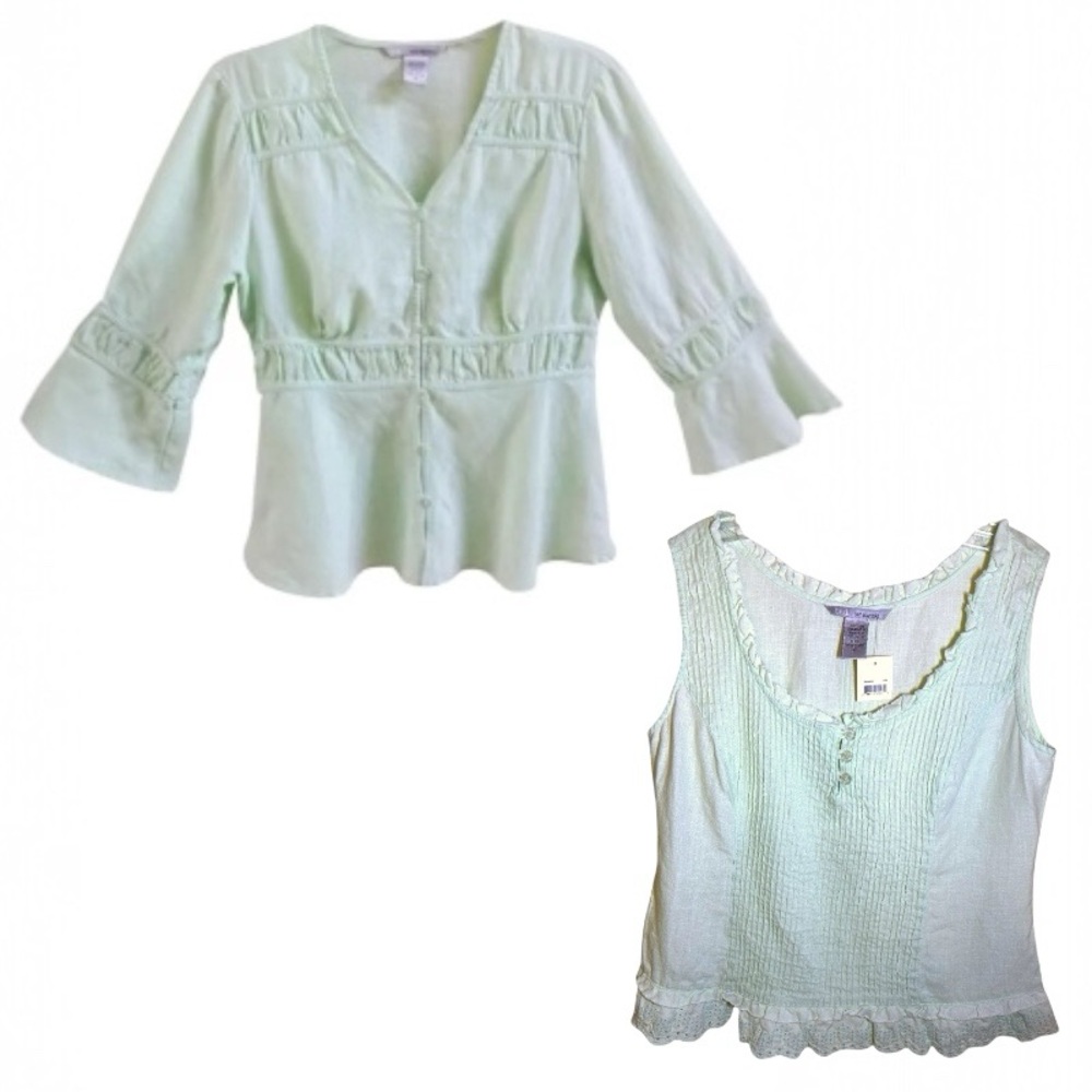 $198 TWO PCS Cool Linen Topper + Tank Small 2 4 Sea Foam Green Two Star Dog NWT